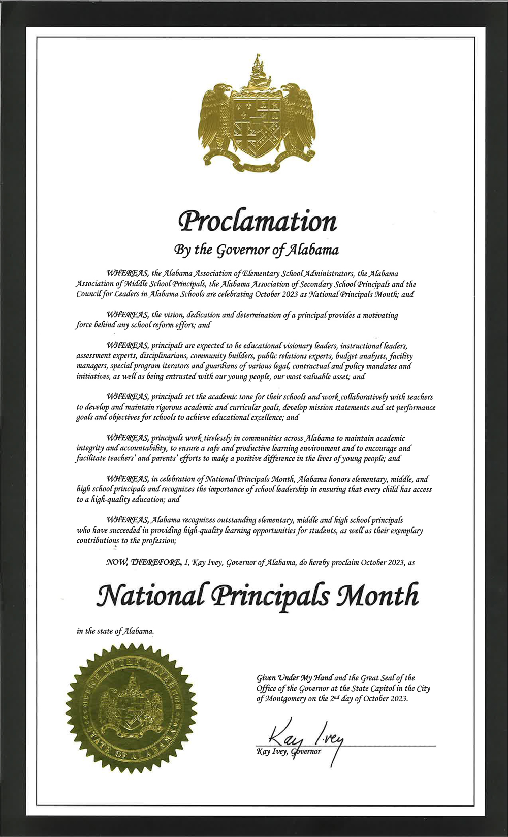 National Principals Month 2023 Proclamation Signed by Governor Kay Ivey